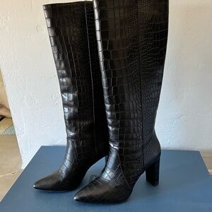 Paige Black Leather Crocodile Embossed Knee High Boots
